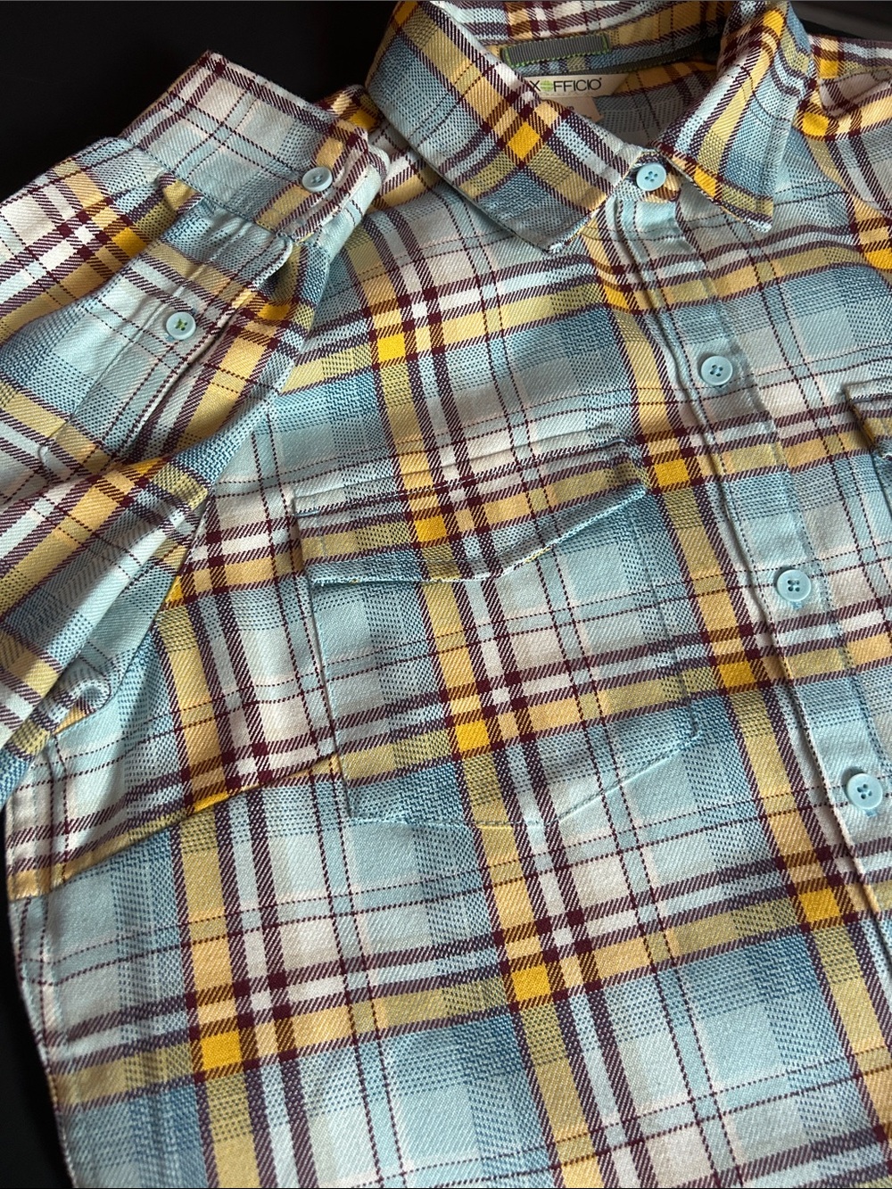 ExOfficio Madison Plaid Flannel Shirt Large Gorpcore Outdoorsy Blue Yellow